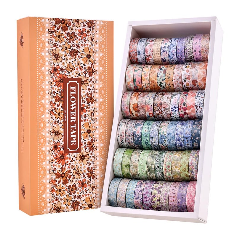 icceemee 60 Rolls Flowers Theme Washi Tape Set with Different Colorful Patterns, Writable Decorative Tapes for Scrapbooking, Junk Journal Supplies, Bullet Journaling, 0.39'' x 79'' per Roll - Image 1